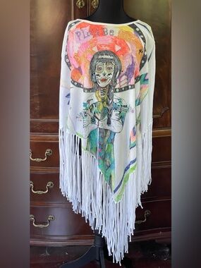 White Fringe poncho with hand Colorful Day of the Dead Illustration
